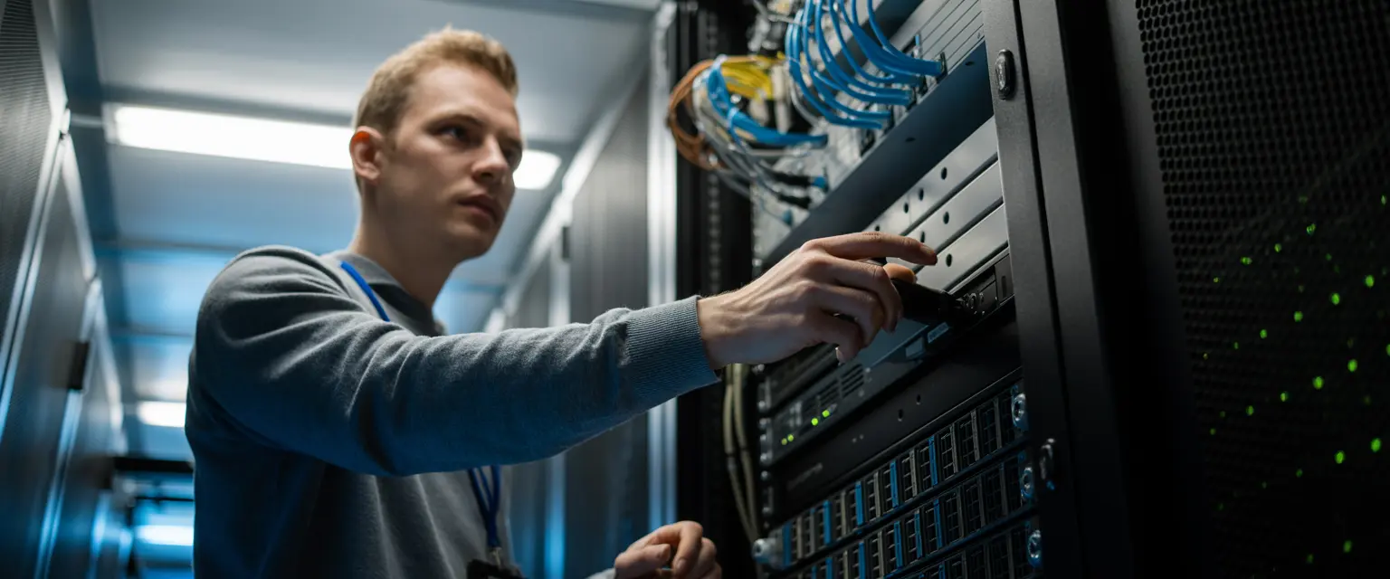 business IT support team monitoring systems, managed IT services dashboard real-time alerts, cybersecurity protection business network infrastructure, remote IT support technician resolving issues, onsite IT maintenance server room equipment