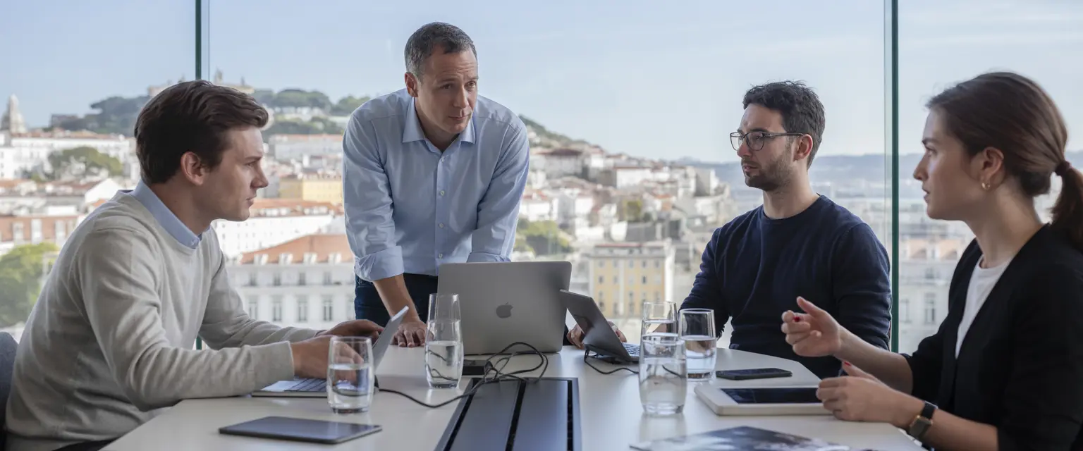 IT consulting team reviewing infrastructure plans, Technology consultant implementing cloud solutions, Cybersecurity expert configuring network protection, IT advisory meeting with business stakeholders, Managed services provider monitoring systems