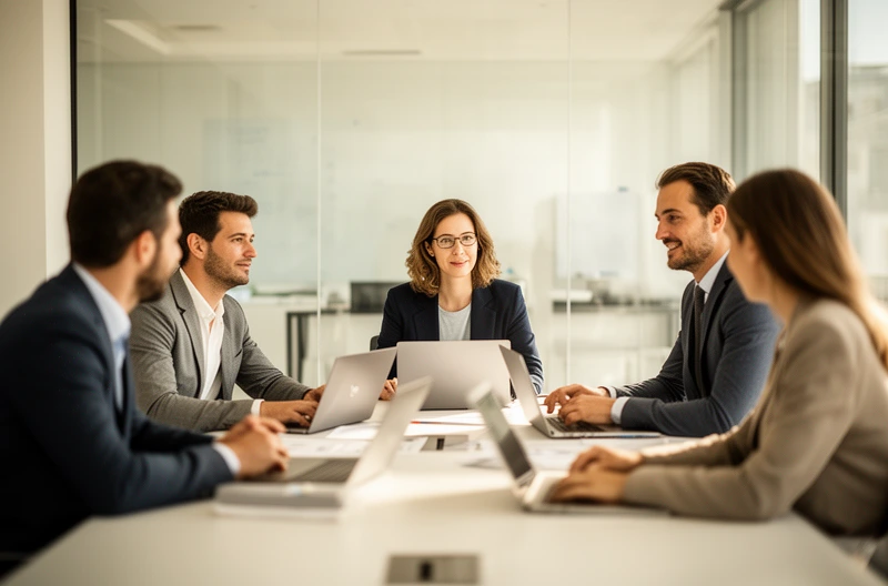 IT consulting team reviewing infrastructure plans, Technology consultant implementing cloud solutions, Cybersecurity expert configuring network protection, IT advisory meeting with business stakeholders, Managed services provider monitoring systems