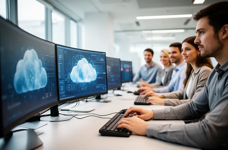 business IT support team monitoring systems, managed IT services dashboard real-time alerts, cybersecurity protection business network infrastructure, remote IT support technician resolving issues, onsite IT maintenance server room equipment